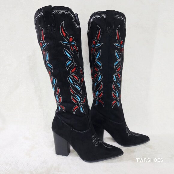 Shoes - Size 10 Black Faux Suede Western Cowgirl Knee Boots Colorful Embroidered Design